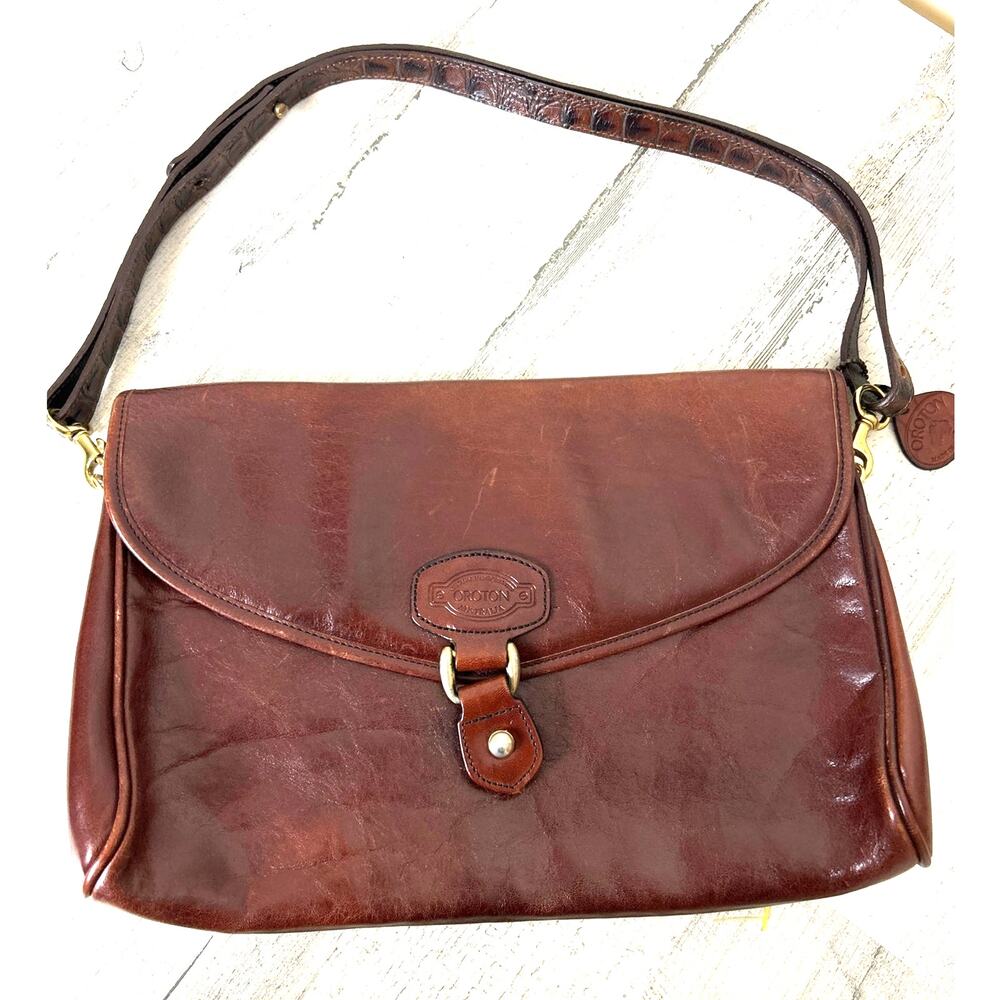Oroton Australia Vintage Womens Brown Leather Shoulder Bag Satchel Purse